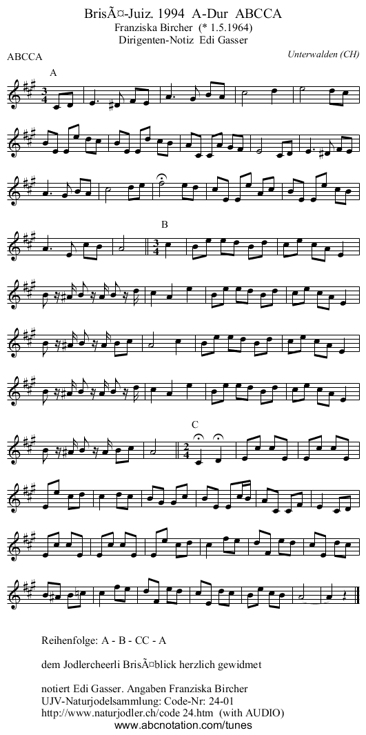 Brisä-Juiz. 1994 A-Dur ABCCA - staff notation