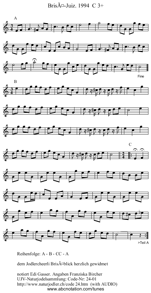 Brisä-Juiz. 1994 C 3+ - staff notation