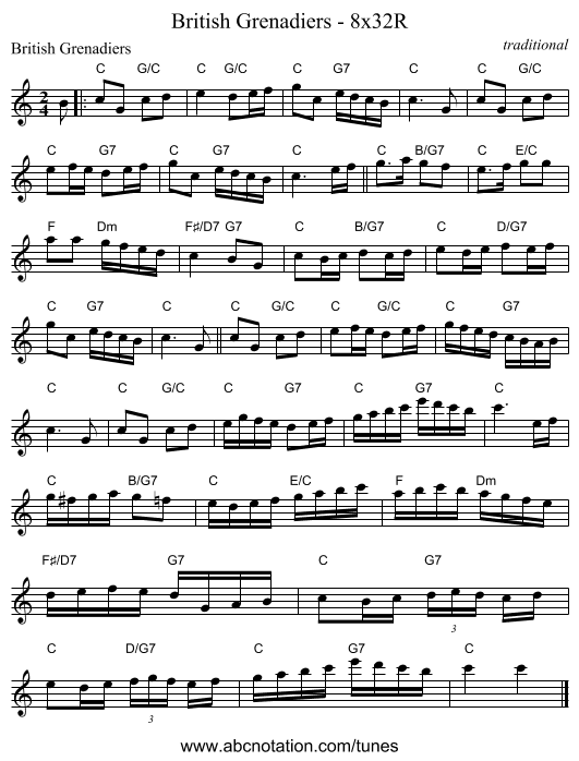 British Grenadiers - 8x32R - staff notation