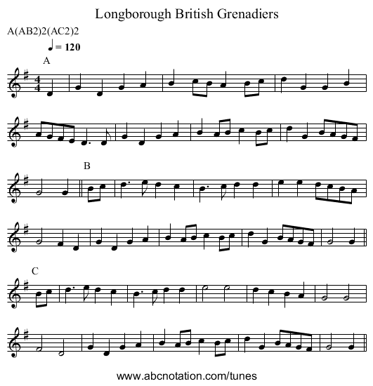 British Grenadiers, Longborough - staff notation