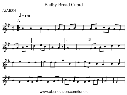 Broad Cupid, Badby - staff notation