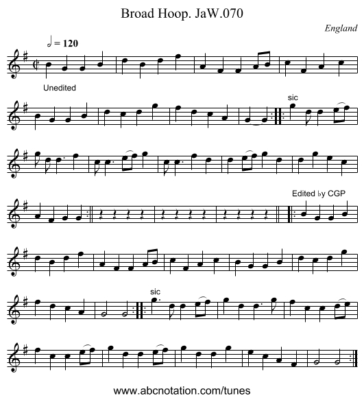 Broad Hoop. JaW.070 - staff notation