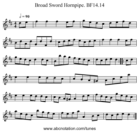 Broad Sword Hornpipe. BF14.14 - staff notation