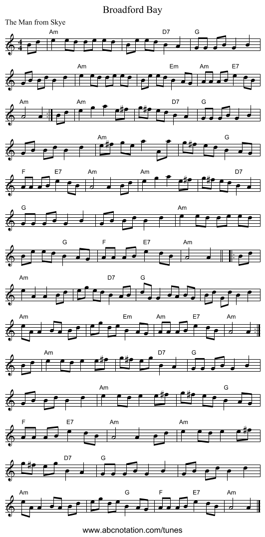 Broadford Bay - staff notation