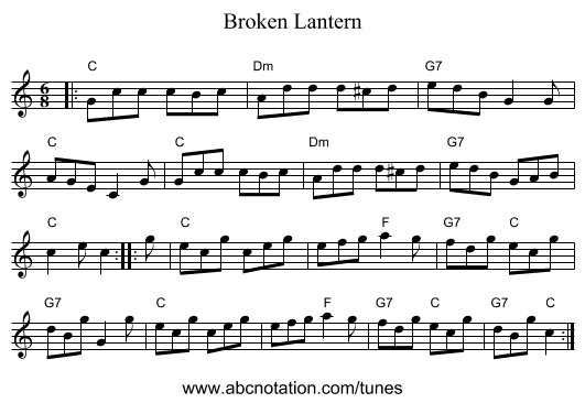 Broken Lantern - staff notation