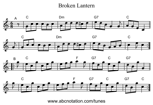 Broken Lantern - staff notation