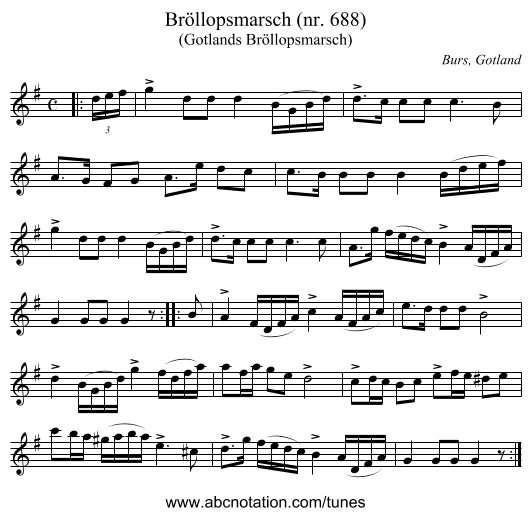 Bröllopsmarsch (nr. 688) - staff notation
