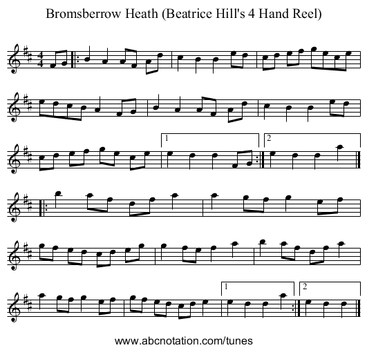 Bromsberrow Heath (Beatrice Hill's 4 Hand Reel) - staff notation