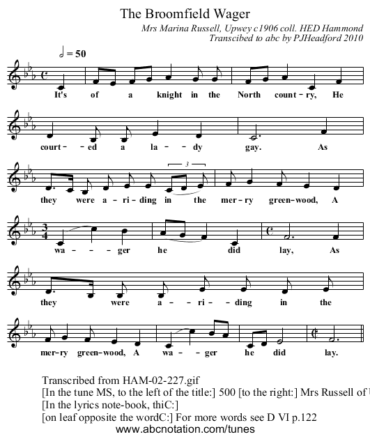 Broomfield Wager, The - staff notation