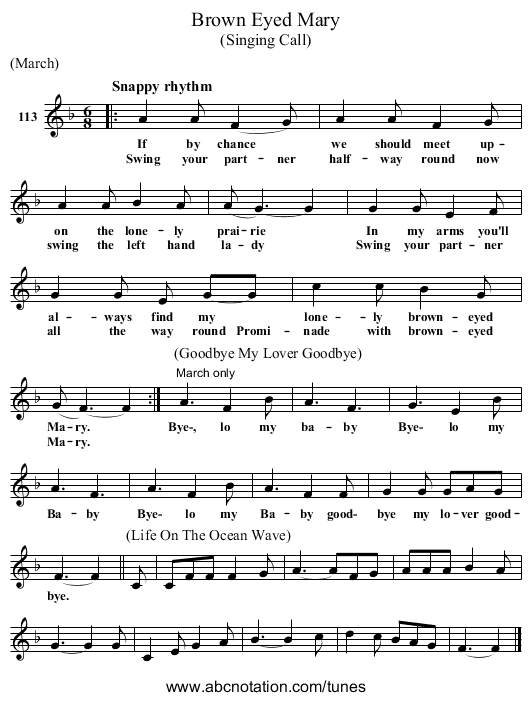 Brown Eyed Mary - staff notation