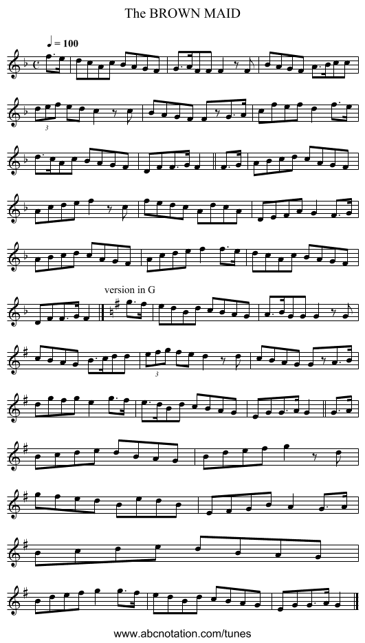 BROWN MAID, The - staff notation