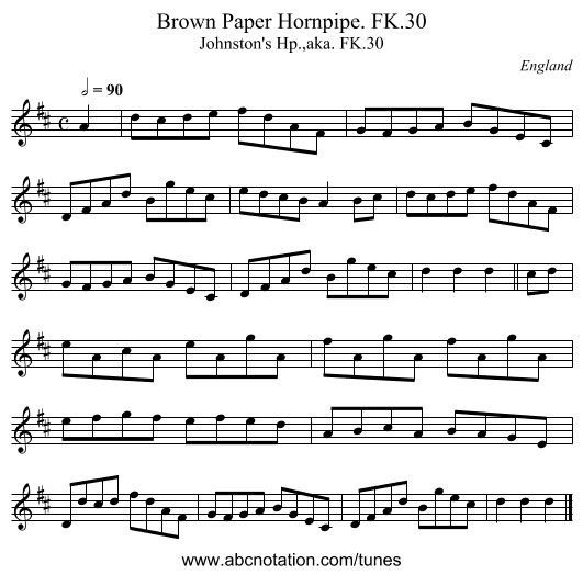 Brown Paper Hornpipe. FK.30 - staff notation