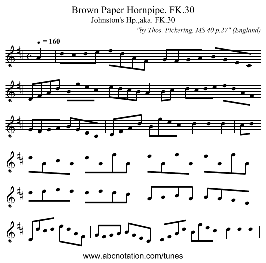 Brown Paper Hornpipe. FK.30 - staff notation