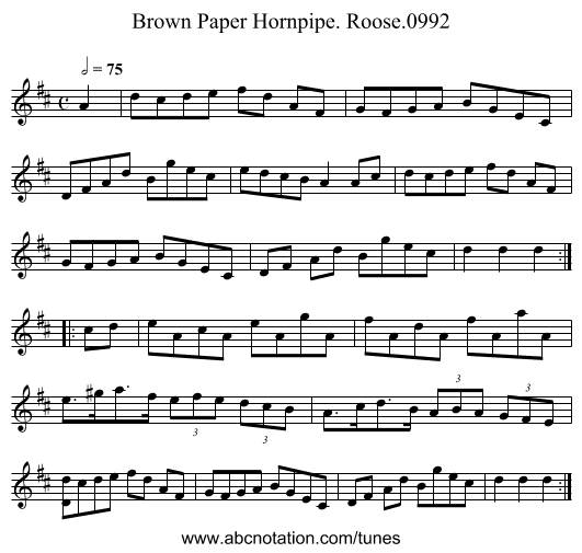 Brown Paper Hornpipe. Roose.0992 - staff notation