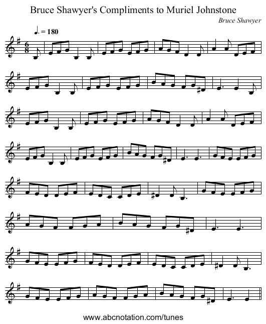 Bruce Shawyer's Compliments to Muriel Johnstone - staff notation