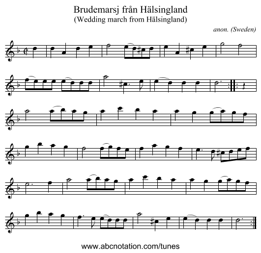 Brudemarsj fr&aring;n H&auml;lsingland - staff notation