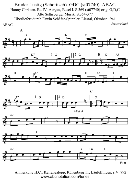 Bruder Lustig (Schottisch). GDC (st07740)  ABAC - staff notation