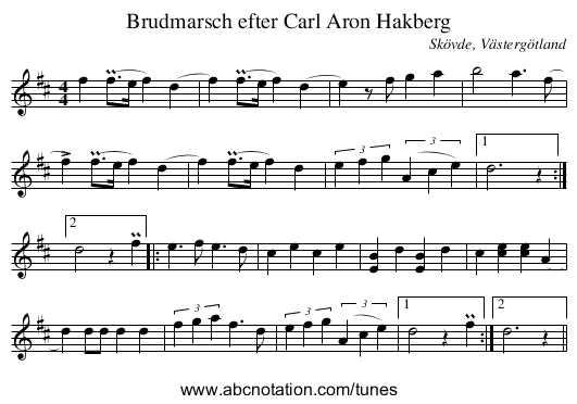 Brudmarsch efter Carl Aron Hakberg - staff notation