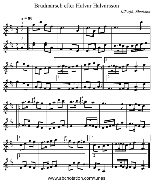 Brudmarsch efter Halvar Halvarsson - staff notation