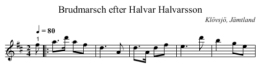 Brudmarsch efter Halvar Halvarsson - staff notation