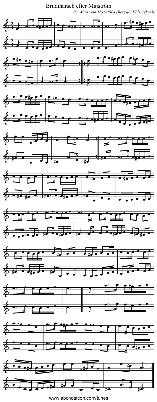 Brudmarsch efter Majström - staff notation