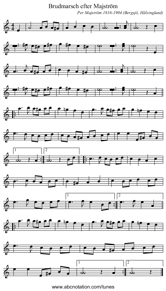 Brudmarsch efter Majström - staff notation