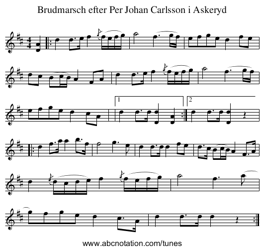 Brudmarsch efter Per Johan Carlsson i Askeryd - staff notation