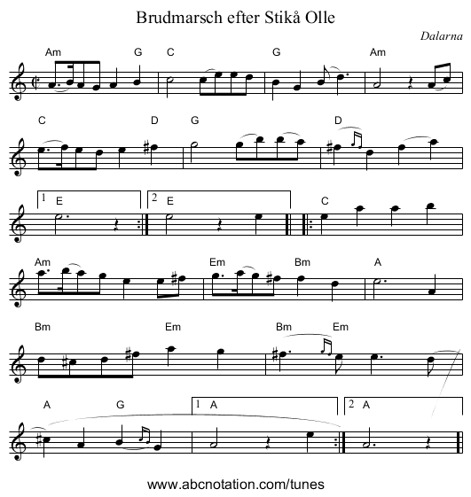 Brudmarsch efter Stikå Olle - staff notation