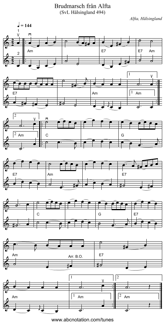 Brudmarsch från Alfta - staff notation