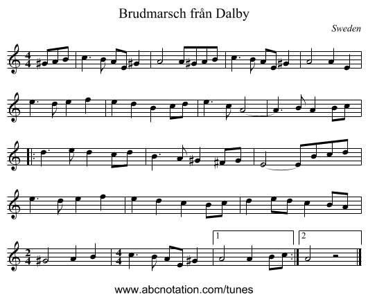 Brudmarsch från Dalby - staff notation