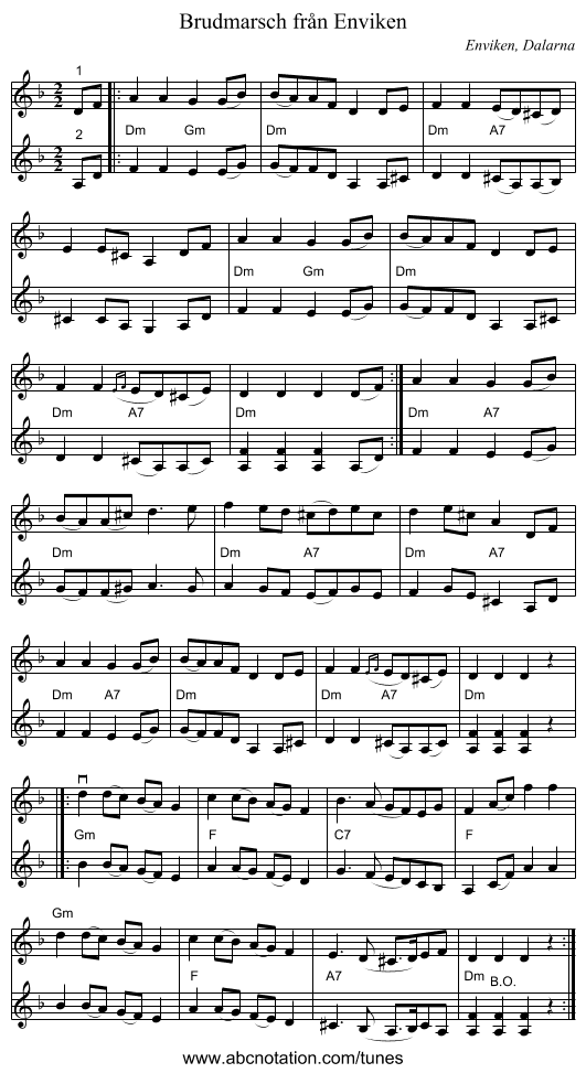 Brudmarsch från Enviken - staff notation