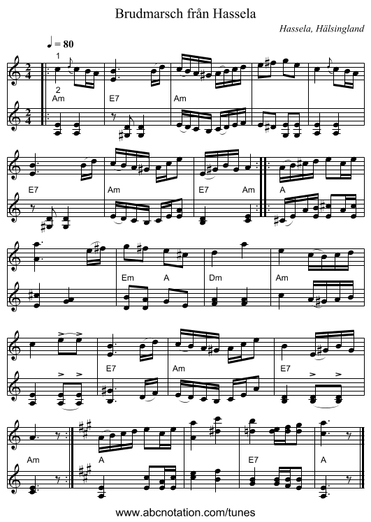 Brudmarsch från Hassela - staff notation