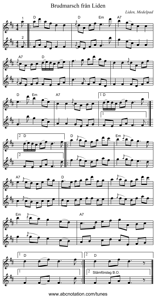 Brudmarsch från Liden - staff notation