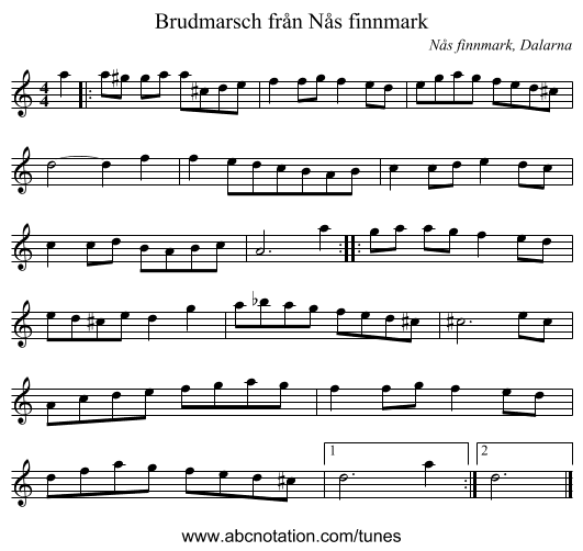 Brudmarsch från Nås finnmark - staff notation