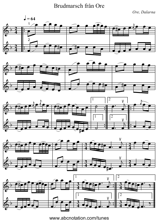 Brudmarsch från Ore - staff notation