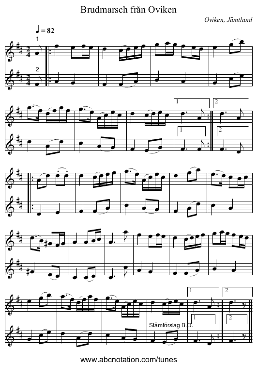 Brudmarsch från Oviken - staff notation