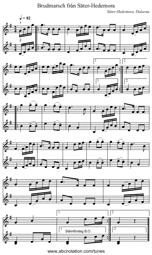 Brudmarsch från Säter-Hedemora - staff notation