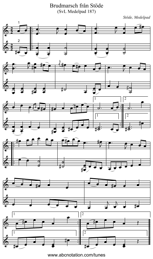 Brudmarsch från Stöde - staff notation