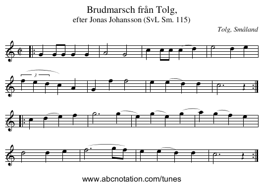 Brudmarsch från Tolg, - staff notation