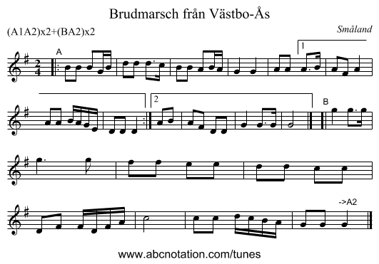 Brudmarsch fr&aring;n V&auml;stbo-&Aring;s - staff notation