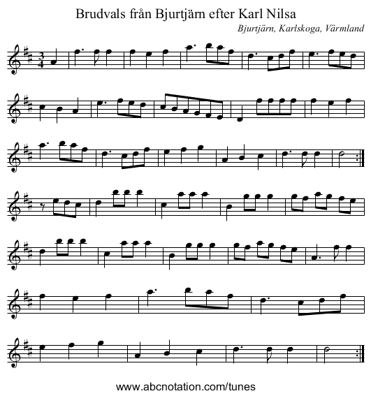 Brudvals från Bjurtjärn efter Karl Nilsa - staff notation