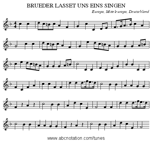 BRUEDER LASSET UNS EINS SINGEN - staff notation