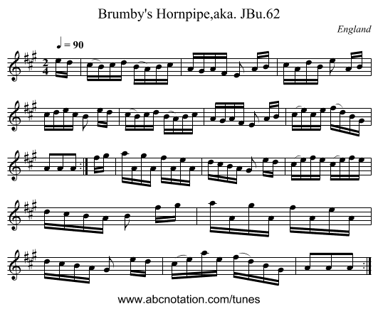 Brumby's Hornpipe,aka. JBu.62 - staff notation