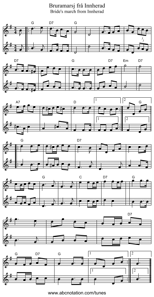 Bruramarsj frå Innherad - staff notation