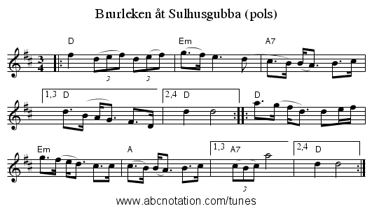 Brurleken &aring;t Sulhusgubba (pols) - staff notation