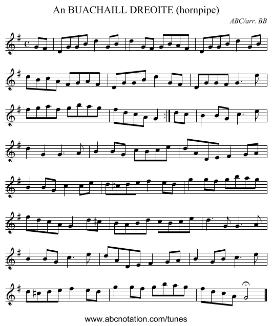 BUACHAILL DREOITE (hornpipe), An - staff notation