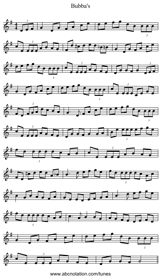 Bubba's - staff notation