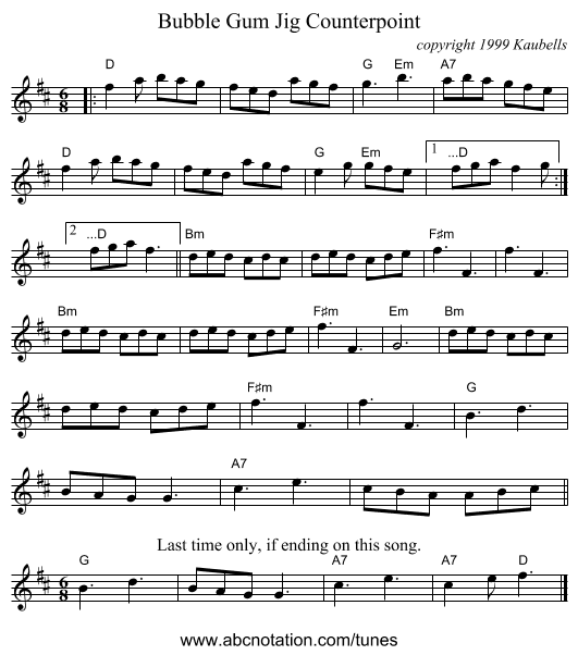 Bubble Gum Jig Counterpoint - staff notation