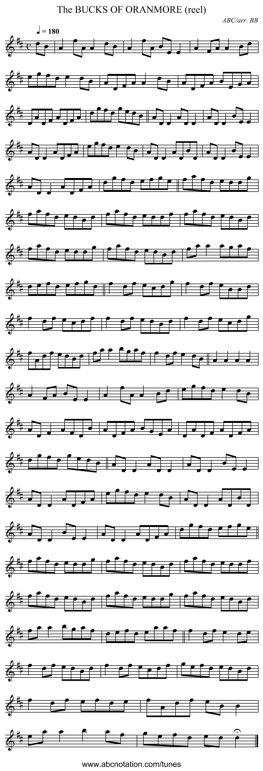 BUCKS OF ORANMORE (reel), The - staff notation