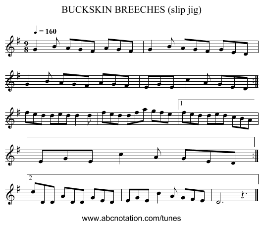 BUCKSKIN BREECHES (slip jig) - staff notation